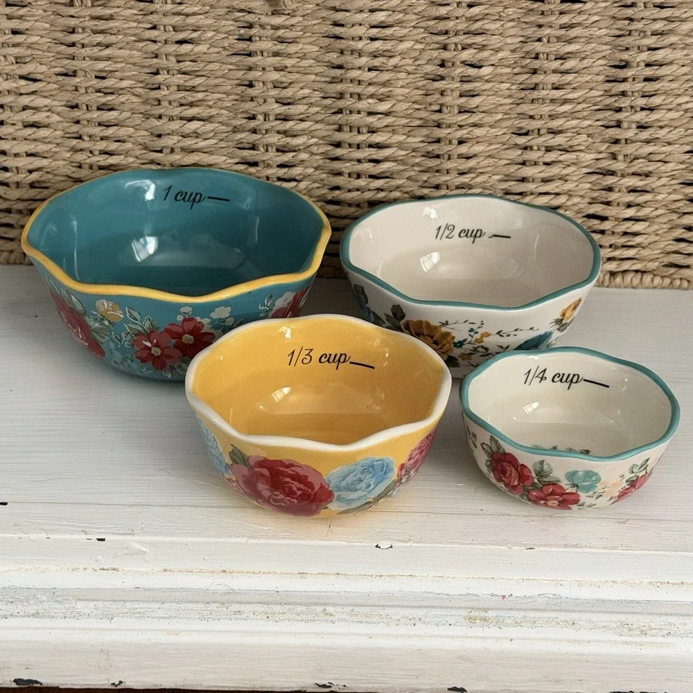 Pioneer Woman Vintage Floral Measuring Cups Set 4 Ceramic Nesting Discontinued